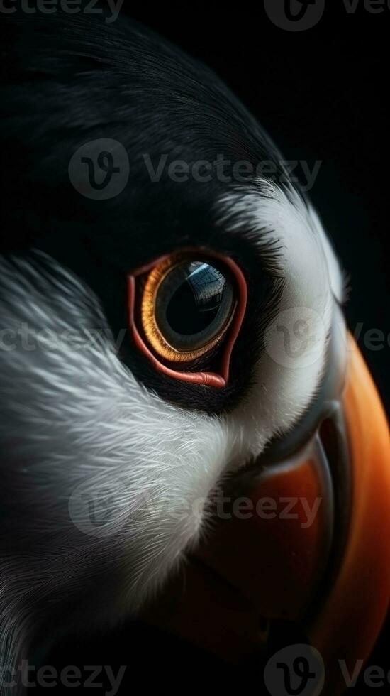 AI generated Closeup puffin bird eye, portrait of animal on dark background. Ai generated photo