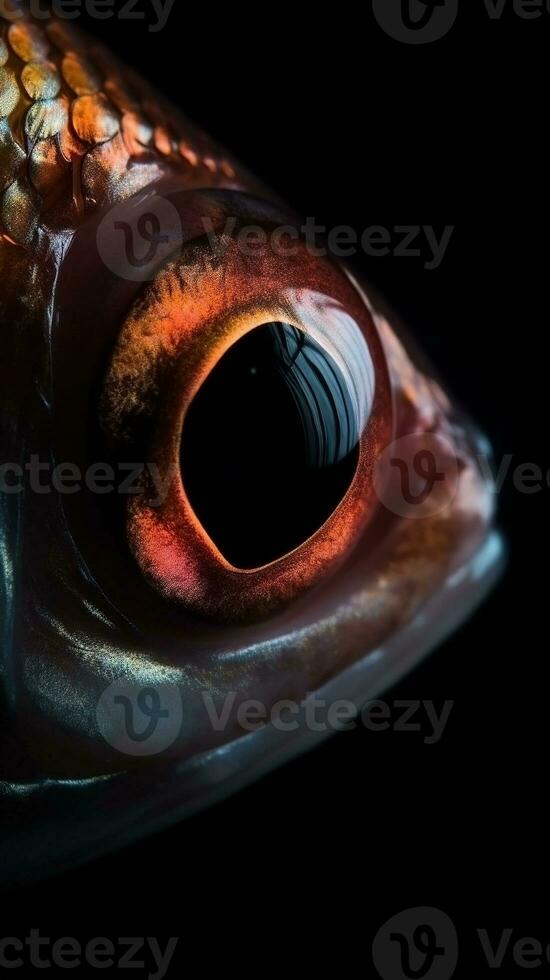 AI generated Closeup fish eye, portrait of animal on dark background. Ai generated photo