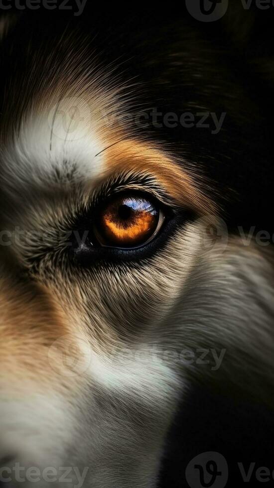 AI generated Closeup husky dog eye, portrait of animal on dark background. Ai generated photo