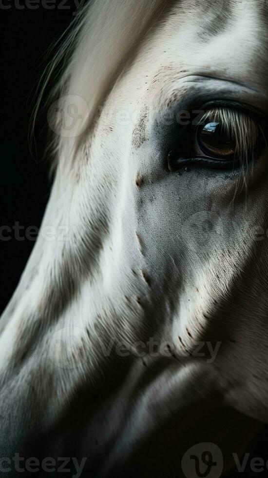 ai generado de cerca blanco caballo ojo, retrato de animal en oscuro antecedentes. ai generado foto