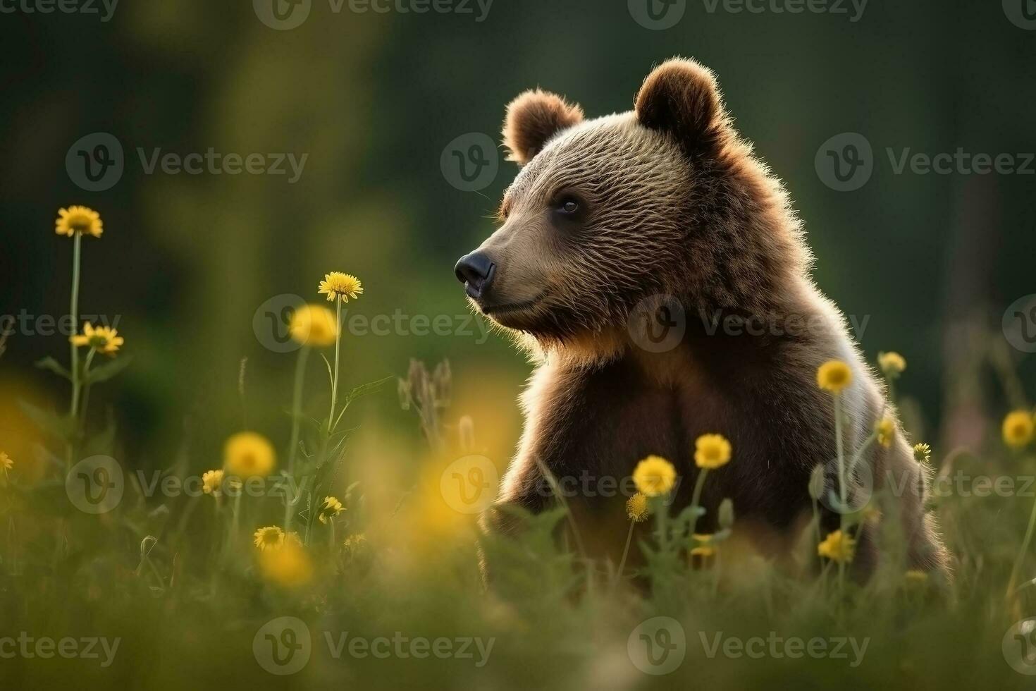 AI generated Bear cub in nature on summer forest background. Closeup animal portrait. Ai generated photo