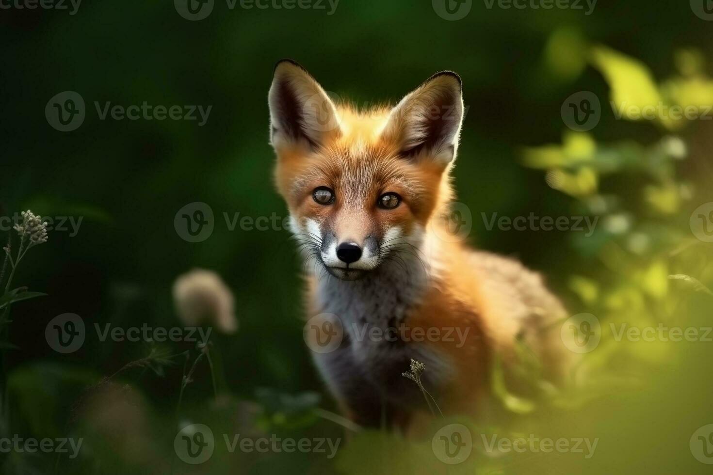 AI generated Fox cub in nature on summer forest background. Ai generated photo