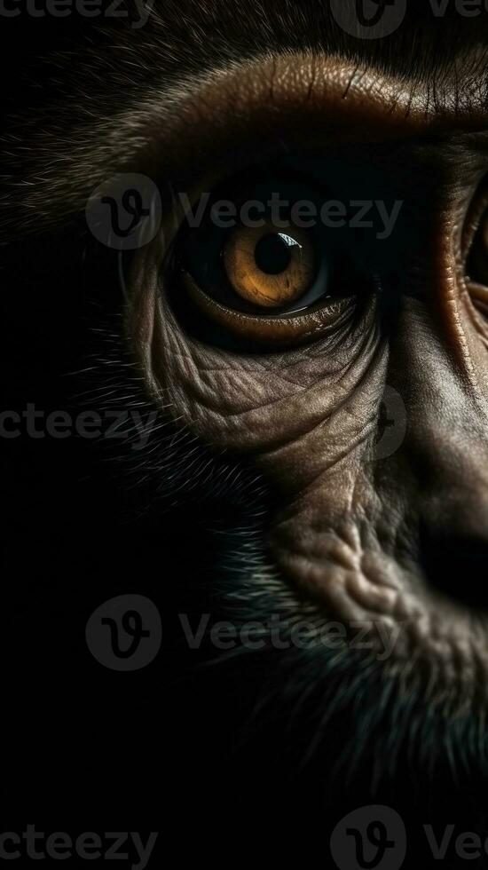 AI generated Closeup monkey eye, portrait of animal on dark background. Ai generated photo