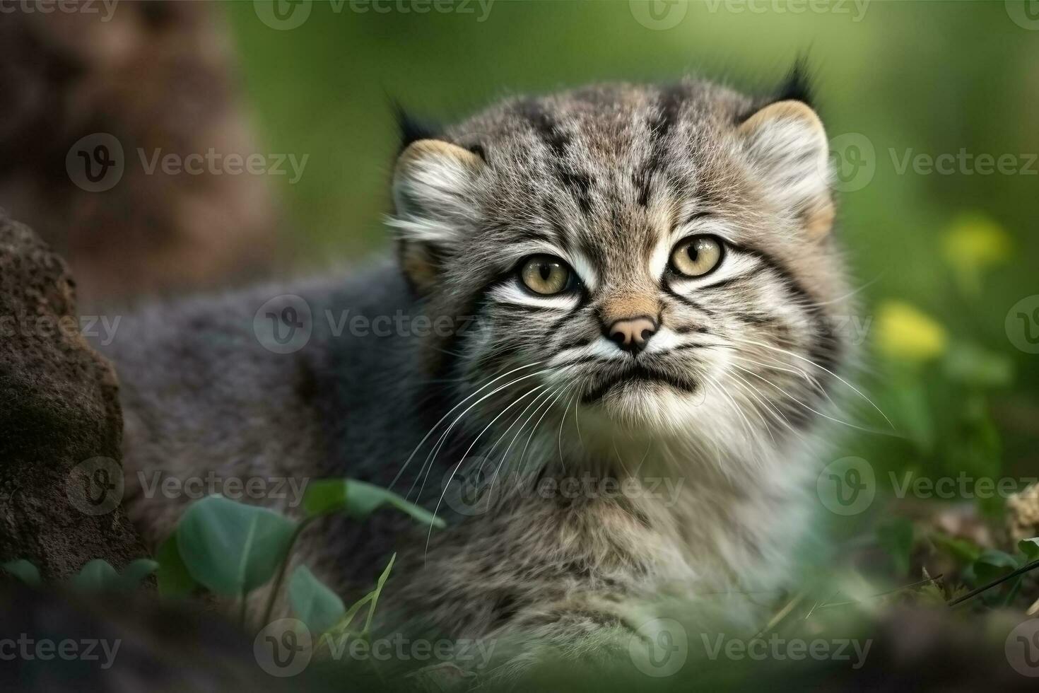 AI generated Manul cub in nature on summer forest background. Closeup animal portrait. Ai generated photo