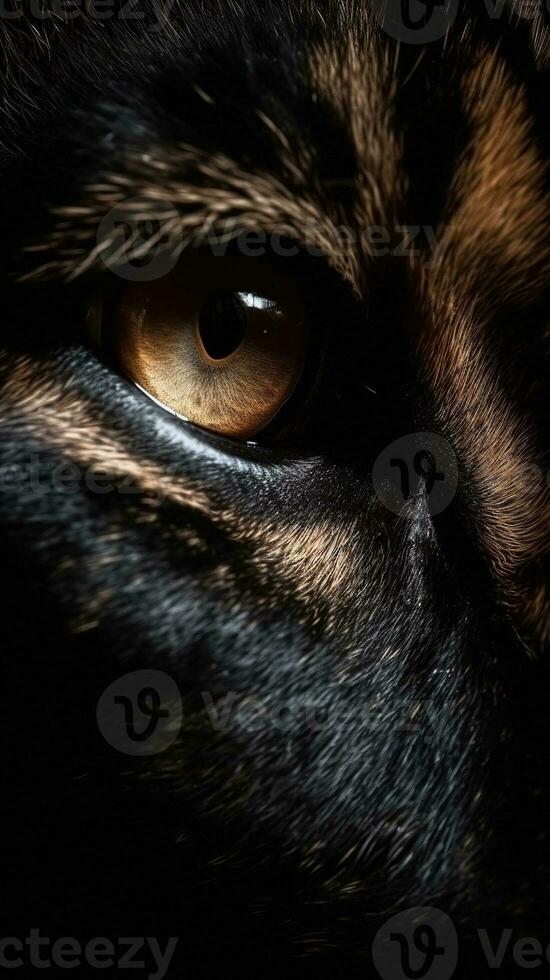 AI generated Closeup panther eye, portrait of animal on dark background. Ai generated photo