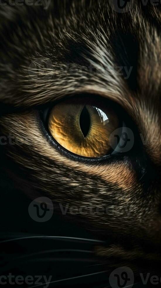 AI generated Closeup cat eye, portrait of animal on dark background. Ai generated photo