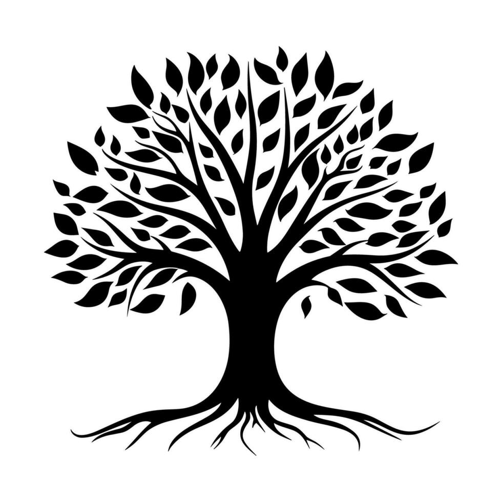 Tree with Root Silhouette vector free, A Tree with leaves silhouette