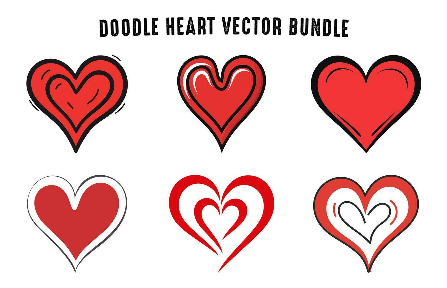 Doodle hearts hand drawn vector set, Red love heart icon collection, Heart symbol clipart Bundle