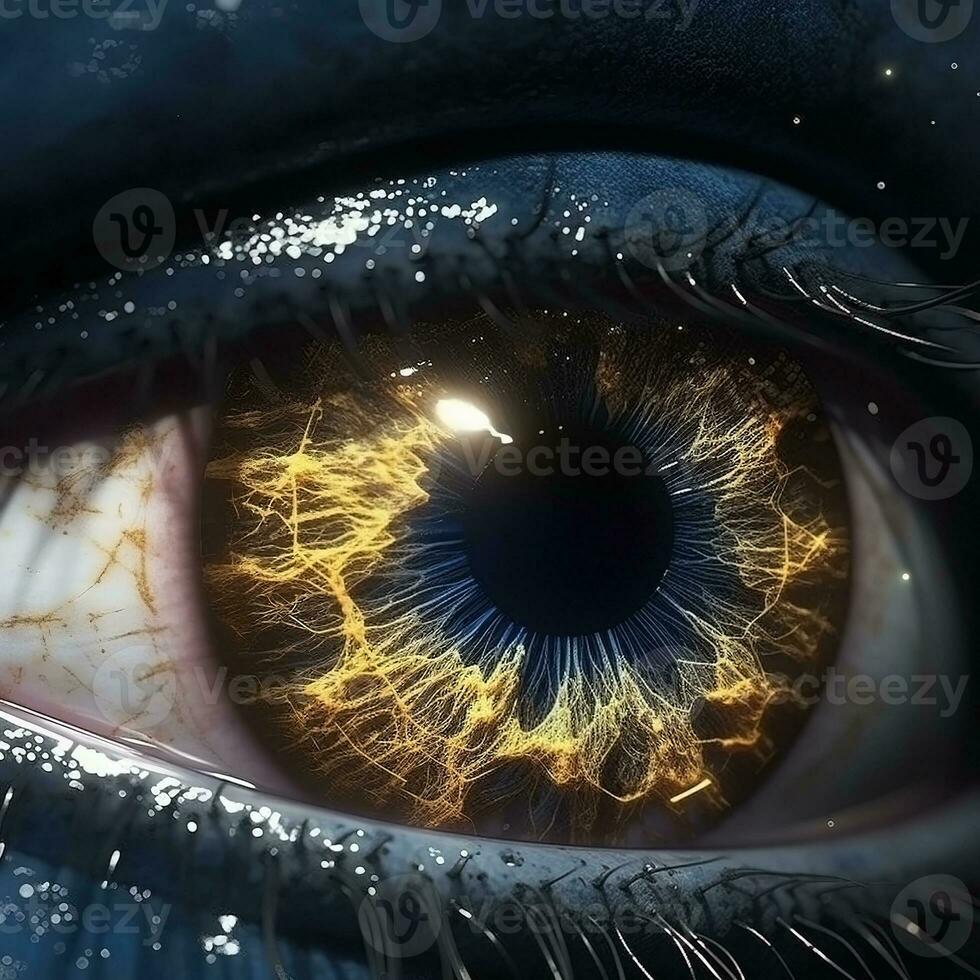 ai generado realista humano ojo con reflexión de galaxia, dorado iris. ai generado foto