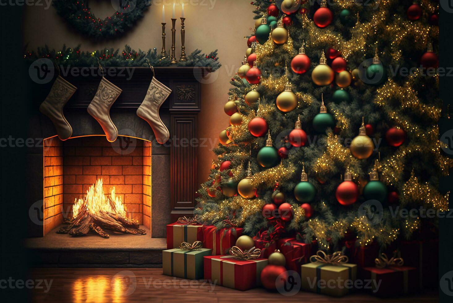 AI generated Christmas tree in a room with fireplace, gifts, candles, garlands. Decorated New Year interior. Festive atmosphere. photo