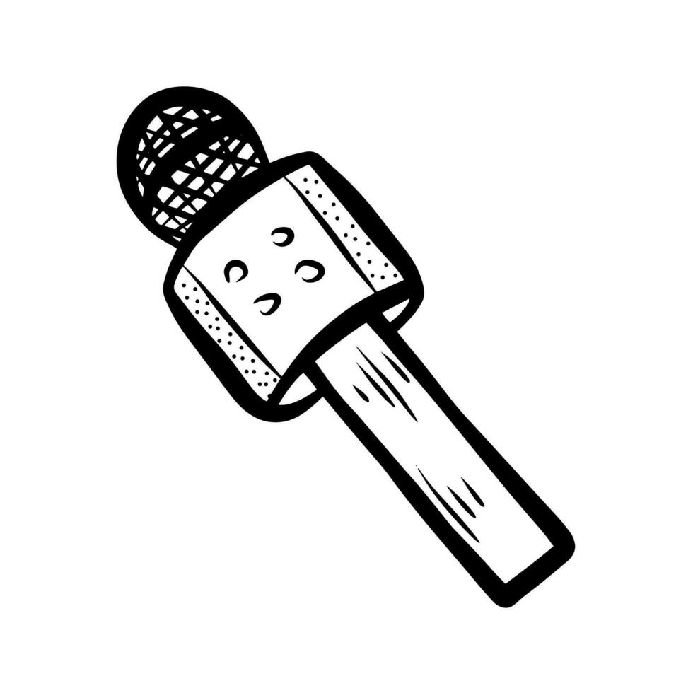 Microphone isolated on white background. Musical item for singing, performances, karaoke. Vector hand drawn illustration in doodle style. Perfect for cards, decorations, logo.