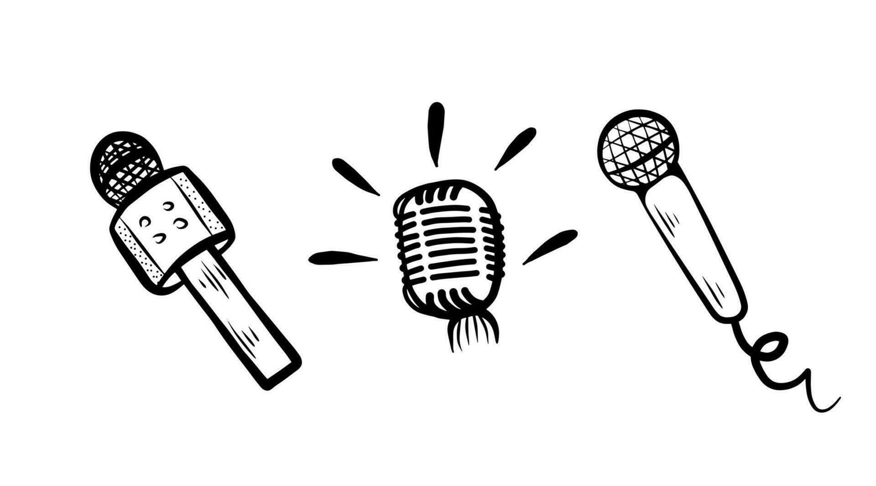 Microphone set with wire isolated on white background. Musical item for singing, performances, karaoke. Vector hand drawn illustration in doodle style. Perfect for cards, decorations, logo.