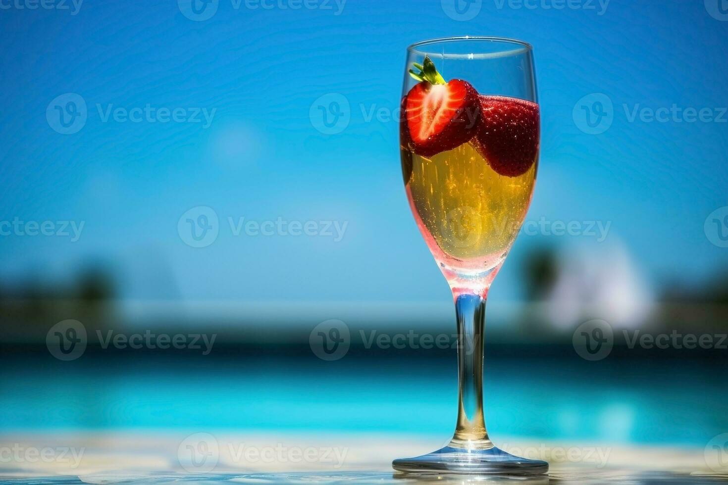 AI generated Fresh juice cocktail on the beach. Vacation background. Ai generated photo