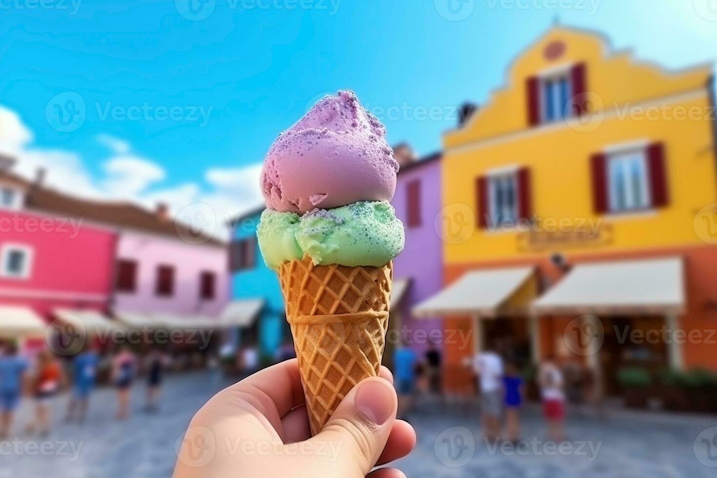 ai generado mano participación hielo crema en el antecedentes de un europeo ciudad foto