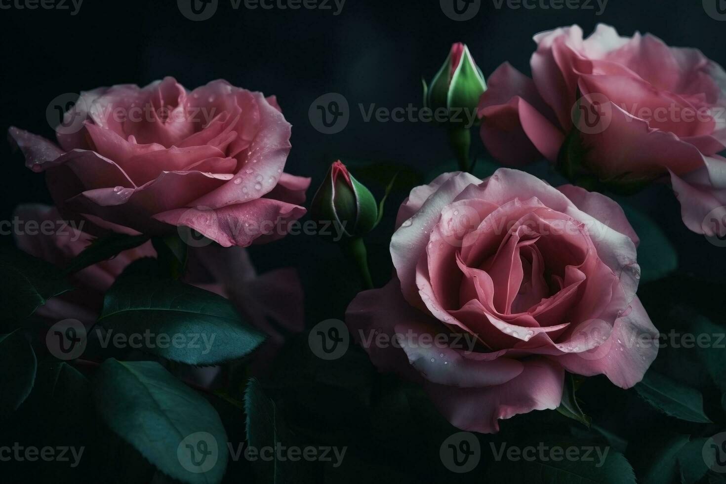 AI generated Pastel pink roses close-up dark romantic background. Ai generated photo