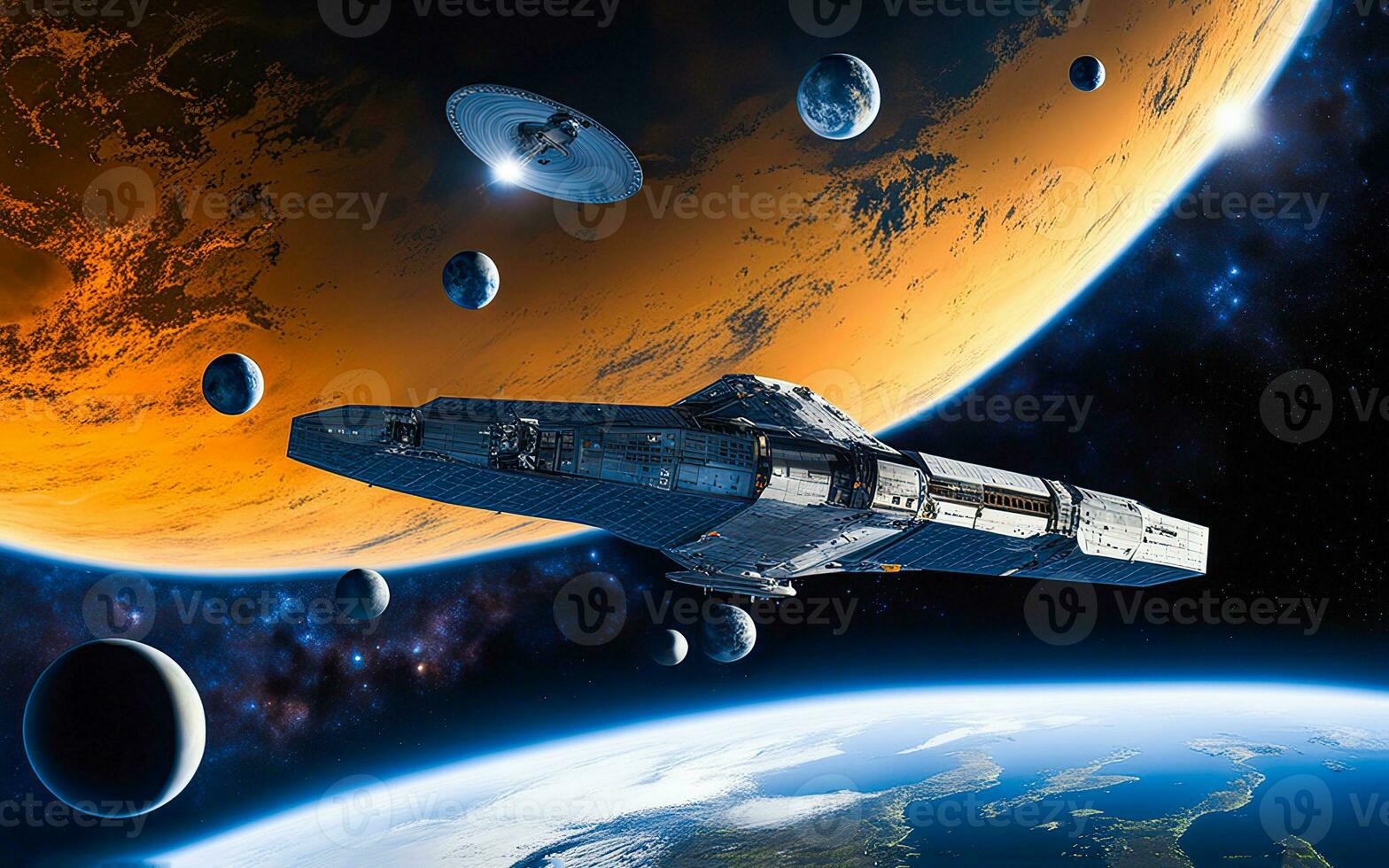 AI Generated Spaceship in space, with glow and lights, fantasy photo, beautiful planets, planet earth, planet sun. Deep space, solar system photo