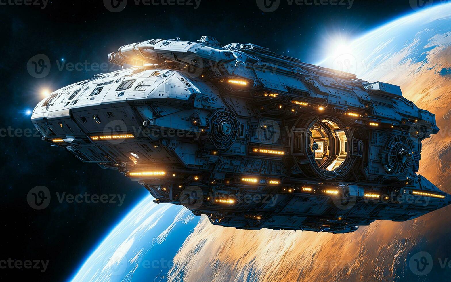 AI Generated Spaceship in space, with glow and lights, fantasy photo, beautiful planets, planet earth, planet sun. Deep space, solar system photo