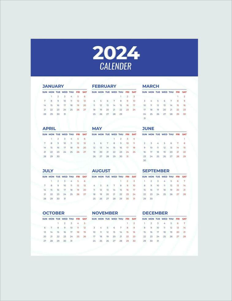 mensual calendario modelo para 2024 año. pared calendario en un minimalista estilo. semana empieza en domingo. planificador para 2024 año.2024 sencillo calandrar diseño. vector