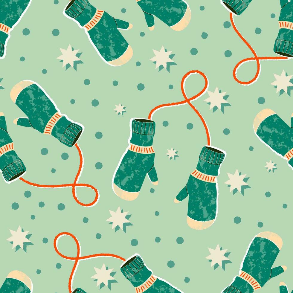 Mittens pair flat cartoon seamless pattern. Winter gloves and winter holiday concept. Hand drawn flat holiday symbol. Cute green mittens with stars and ornament. Trendy illustration for print and web vector