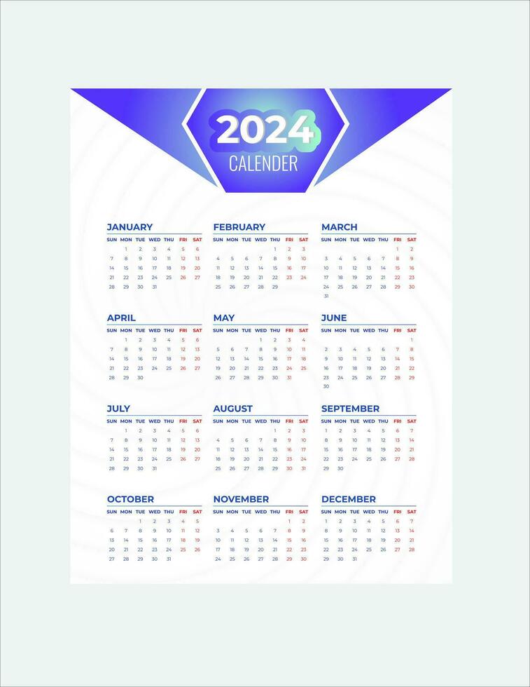 Monthly calendar template for 2024 year. Wall calendar in a minimalist style. Week Starts on Sunday. Planner for 2024 year.2024 simple calender design. vector