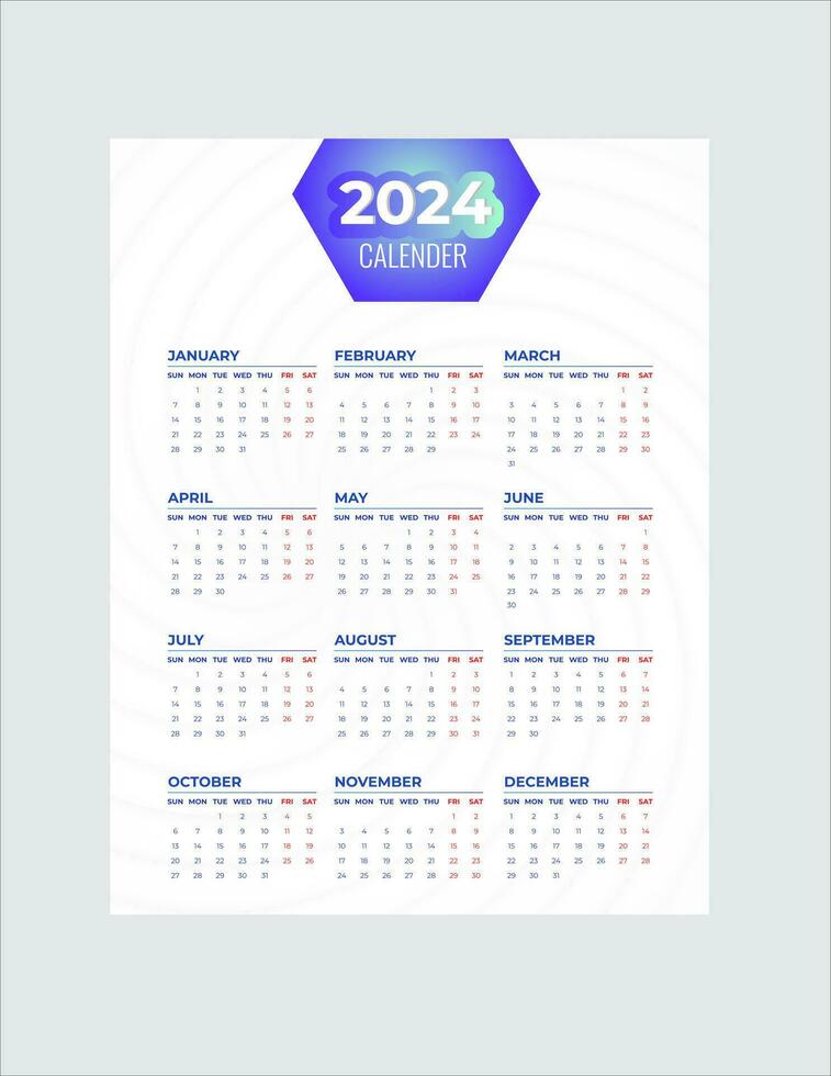 Monthly calendar template for 2024 year. Wall calendar in a minimalist style. Week Starts on Sunday. Planner for 2024 year.2024 simple calender design. vector