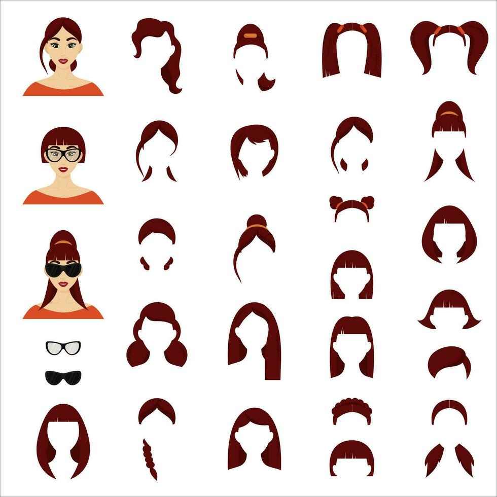 Woman hairstyles constructor avatar female character. Collection of hairstyles.Vector illustration isolated white backgroundin. vector
