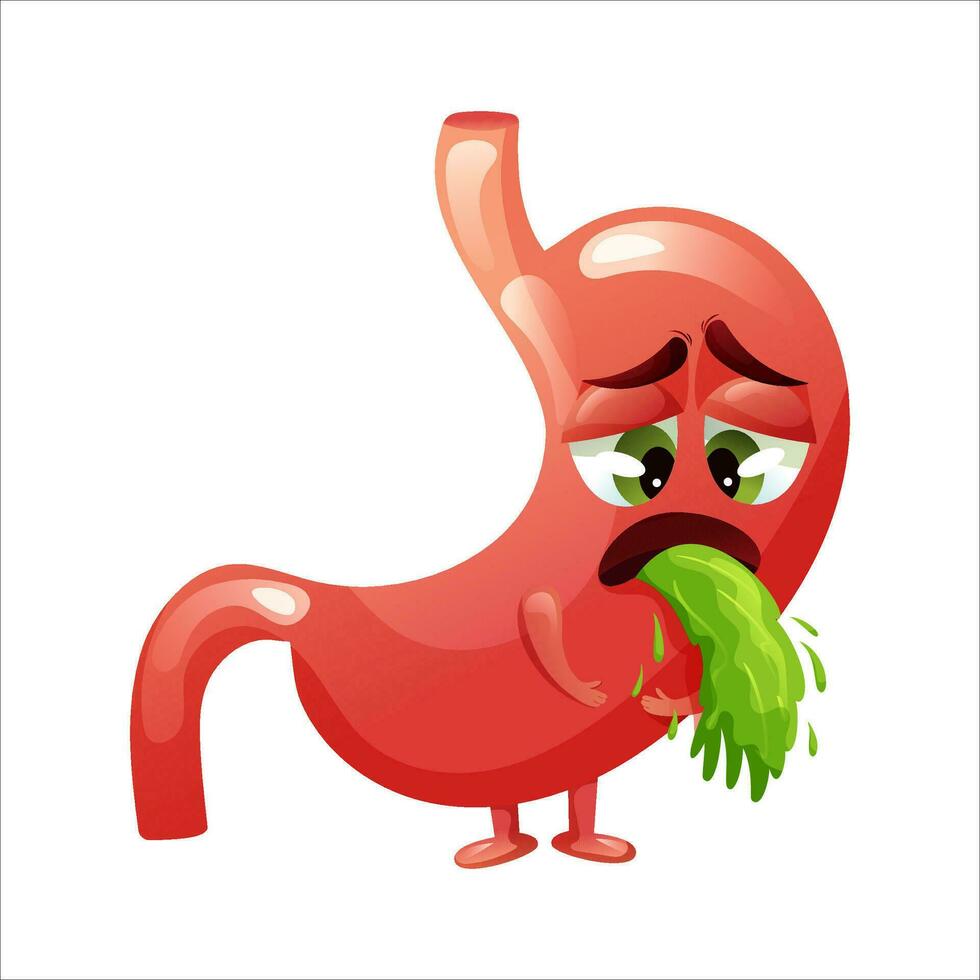 Cartoon stomach character. Concept diseased internal organ, vomiting and nausea. Vector illustration.