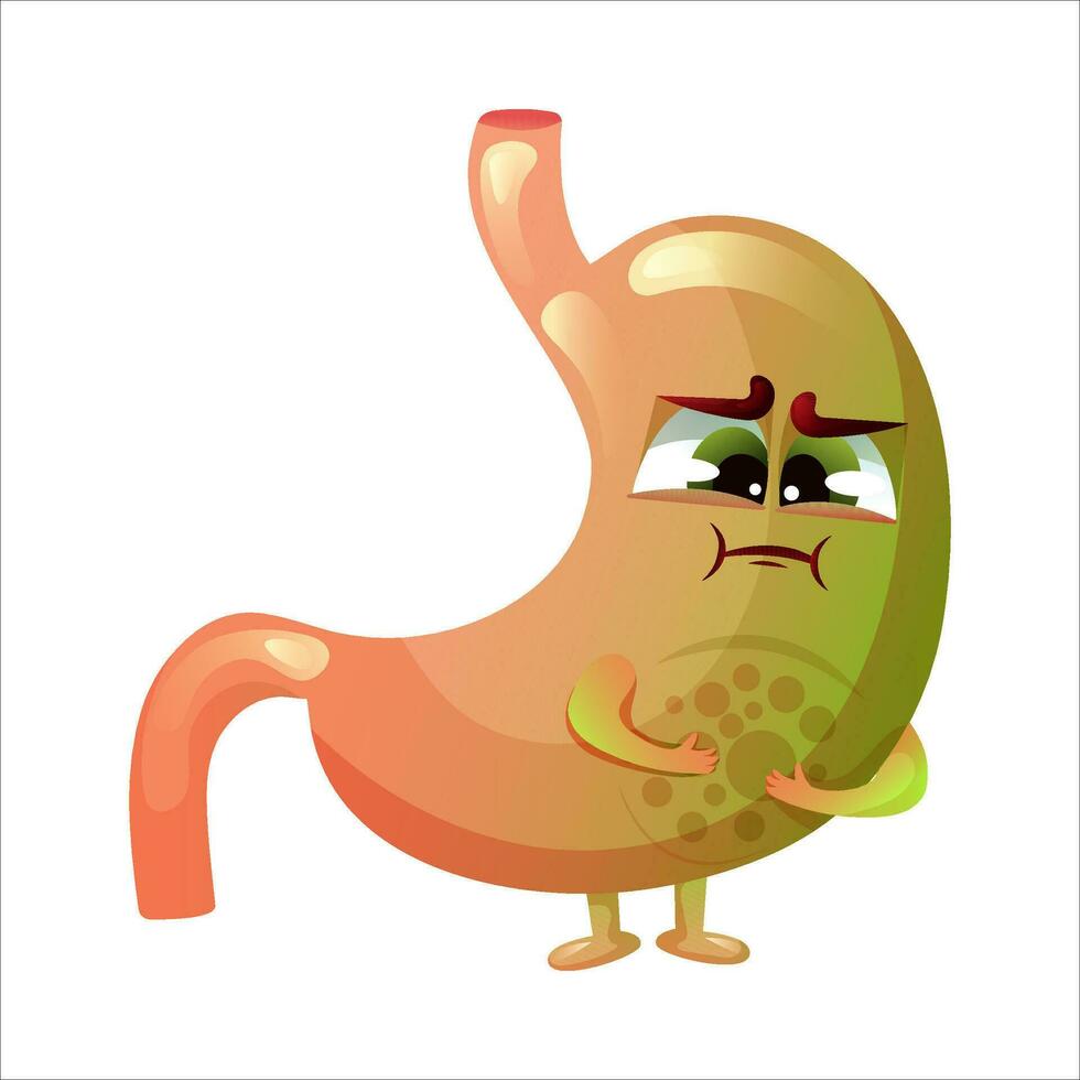 Cartoon stomach character. Concept diseased internal organ abdominal cavity, vomiting and nausea. Vector illustration.
