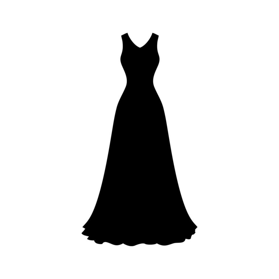 Evening cocktail black dress. Woman clothing. Silhouette apparel. Long maxi, full and floor length dress icon. Vector illustration
