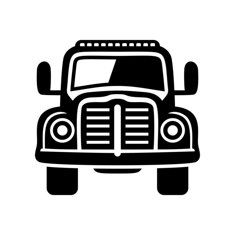 Old retro car black icon front view. Classic vehicle. Muscle car silhouettes face. Vintage automobile. Transportation symbol. Vector illustration