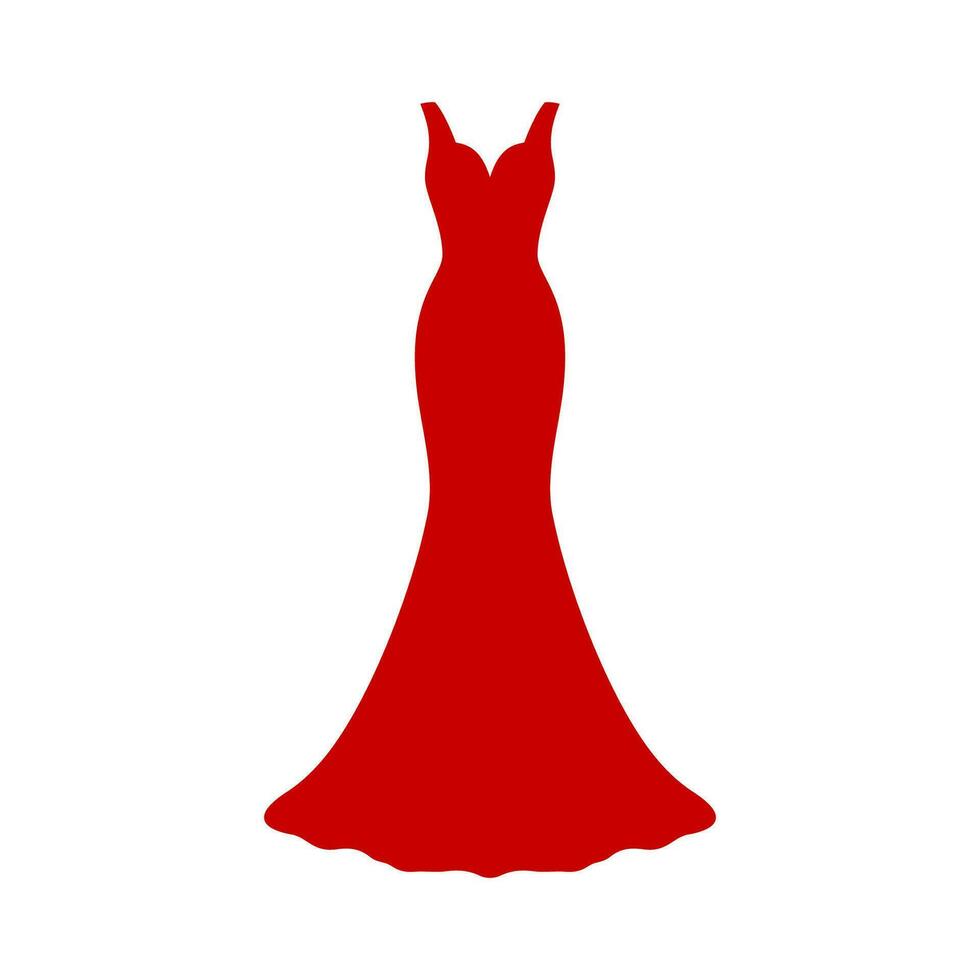 Evening cocktail red dress. Woman clothing. Silhouette apparel. Long maxi, full and floor length dress icon. Vector illustration