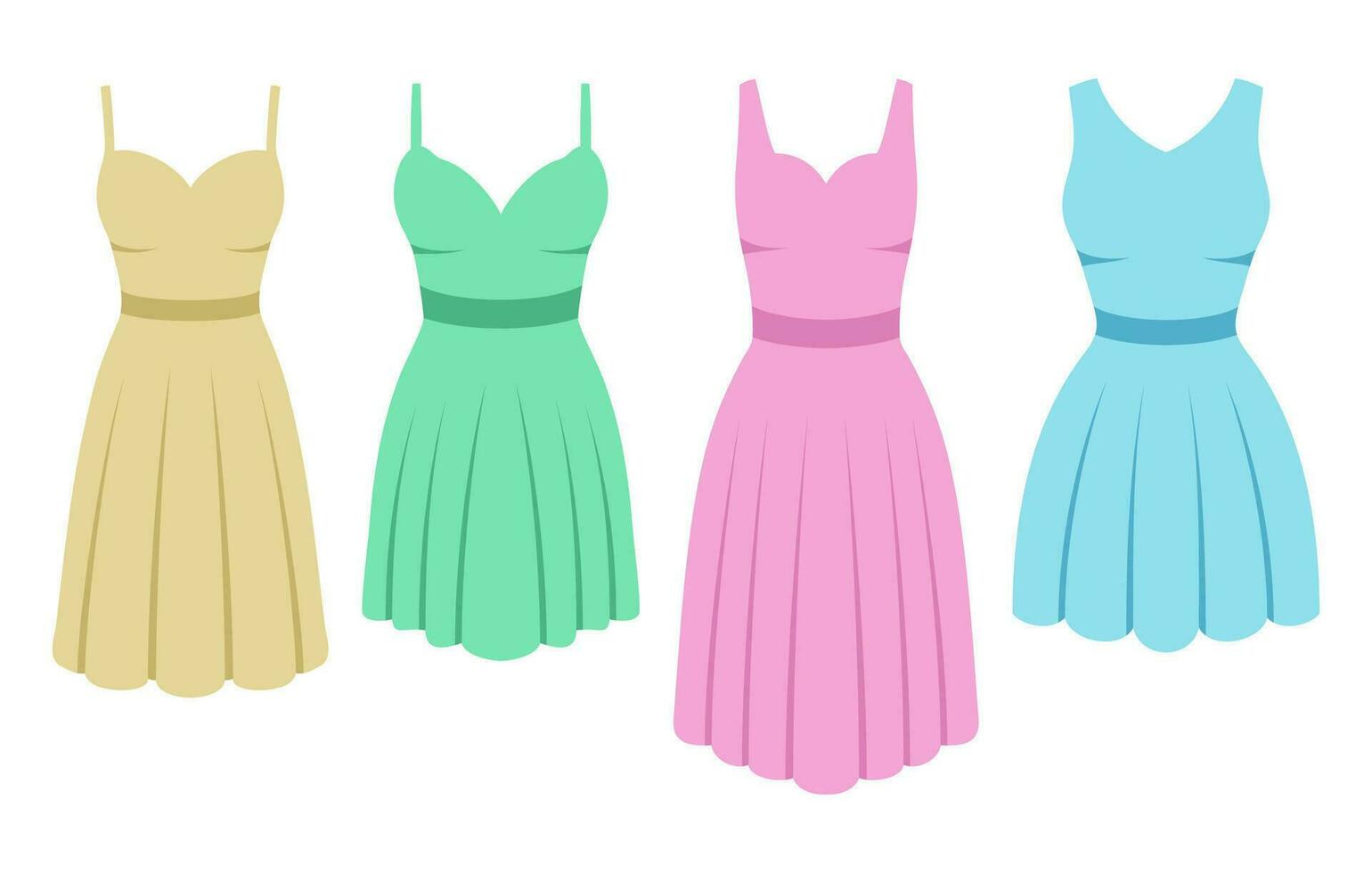 Classic dress set in flat style. Collection woman clothing. Pastel silhouette apparel. Different shapes of dresses. Vector illustration