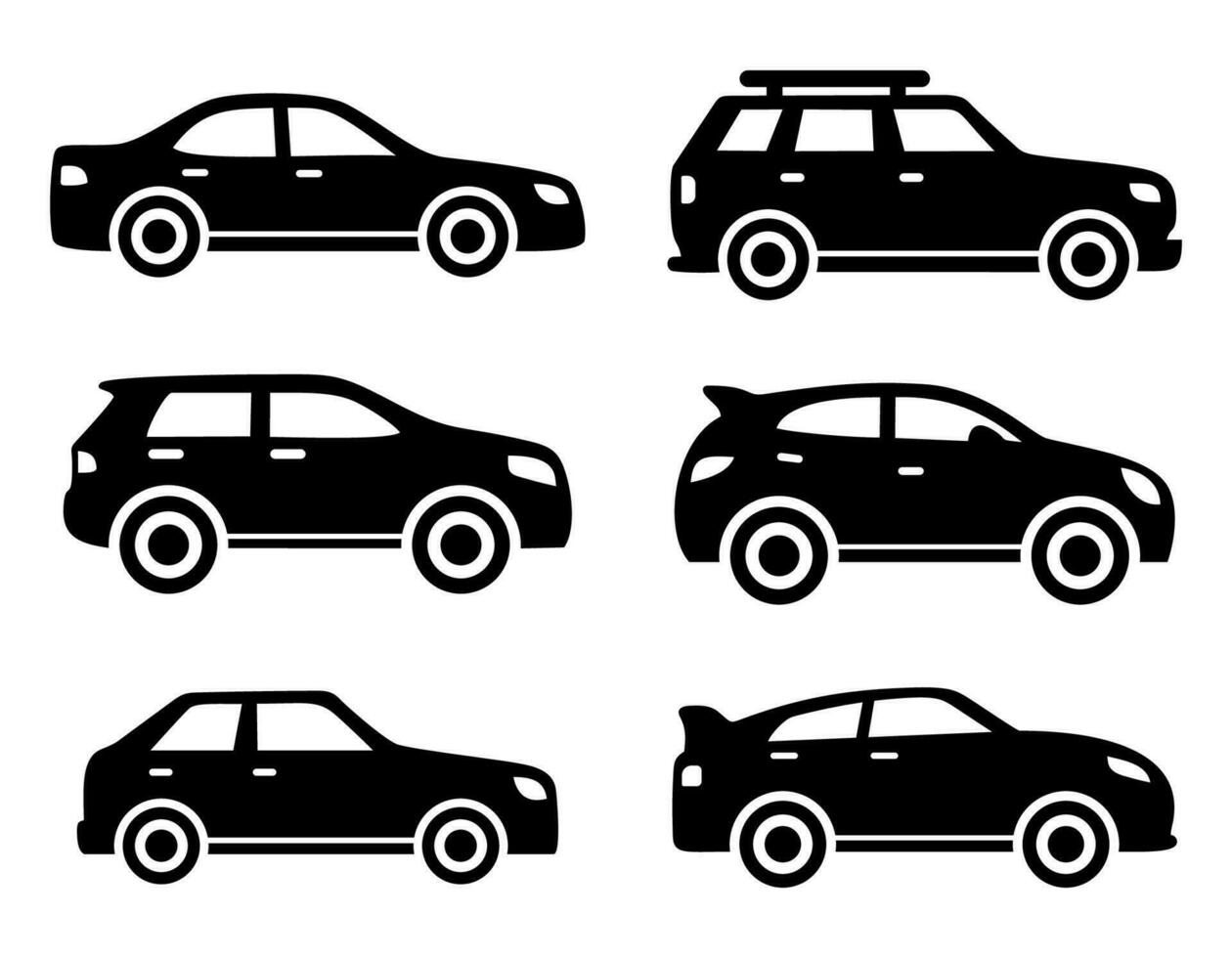 Different car black icon set side view. Vehicle collection. Car silhouettes. Transportation symbol. Vector illustration