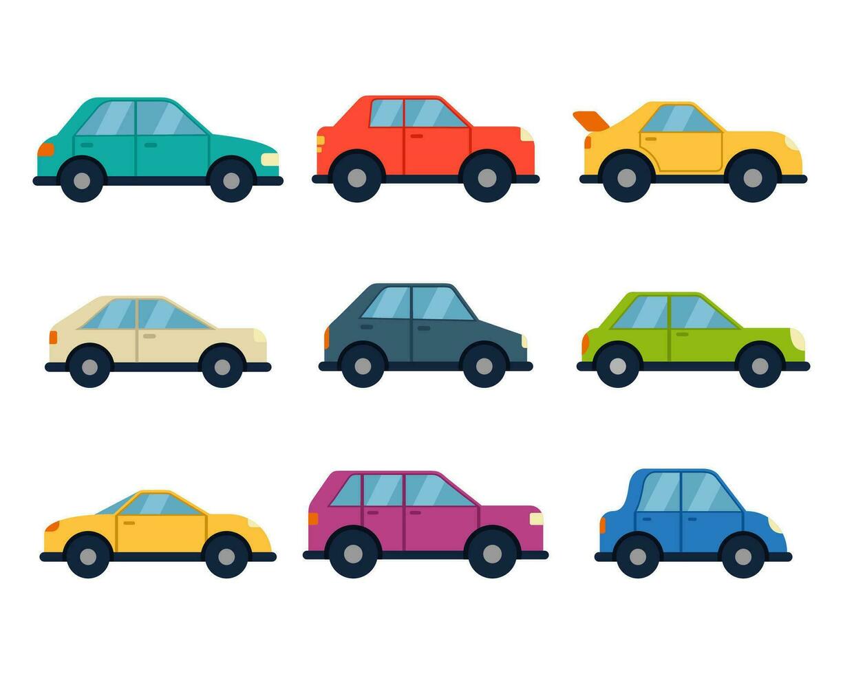 Different models cars set in flat style side view. Vehicle collection. Car silhouettes. Transportation symbol. Vector illustration