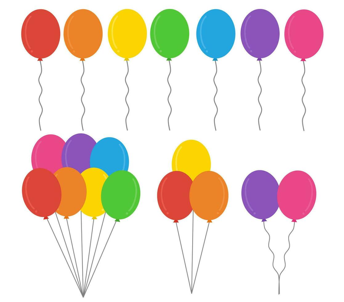 Bunch of balloons isolated on white background for birthday or party.Flying helium ballon with rope.Flat design.Sign, symbol, icon or logo.Cartoon vector illustration.