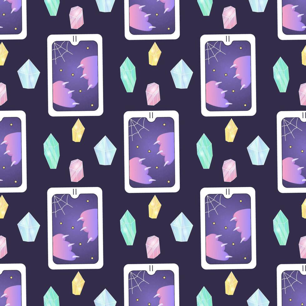 seamless patterns magical tarot cards satan, crystals, mushrooms, occultism vector