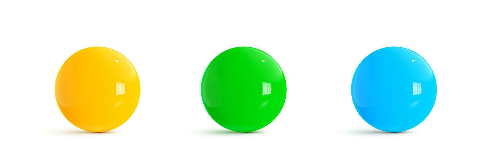 Set of glossy colorful 3d spheres ball realistic style rendering. Cartoon plastic balls isolated on white background. Vector illustration