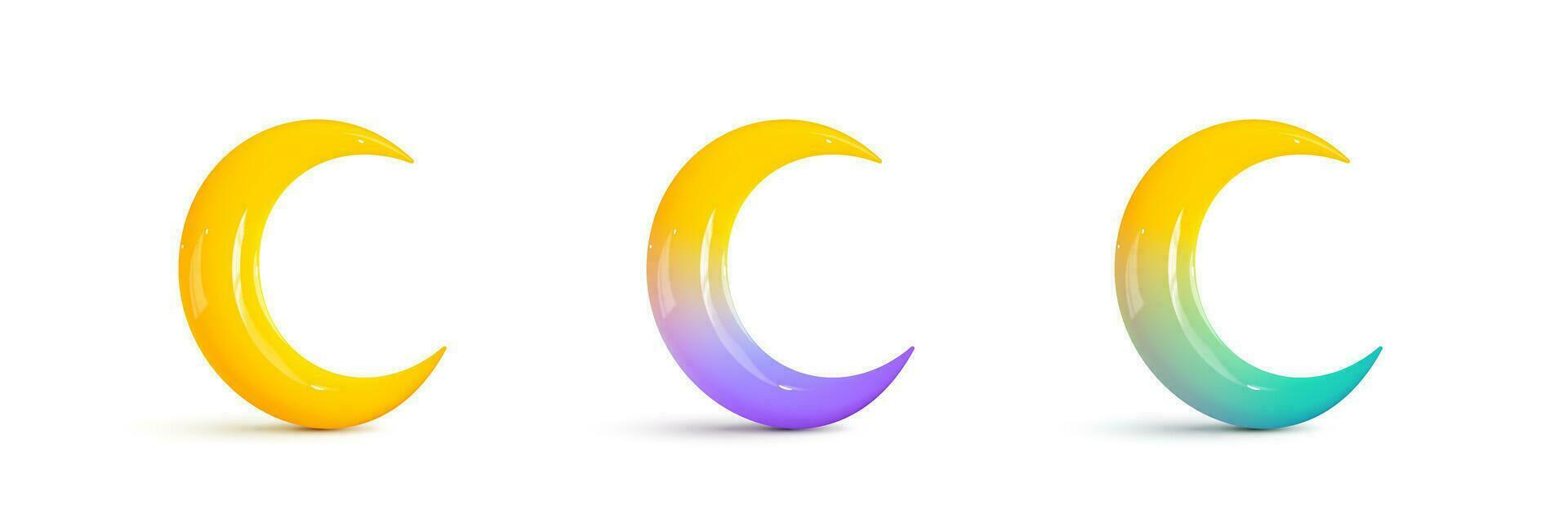 Set of glossy yellow 3d crescents realistic style rendering. Yellow with multicolor gradient plastic icon moons isolated on white background. Vector illustration