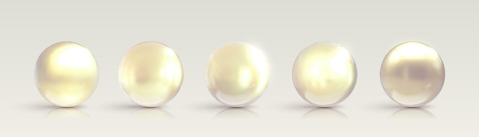 Set of pearl 3d spheres ball with reflection realistic style. Pearl glossy beads isolated on white background. 3d elements for design. Vector illustration