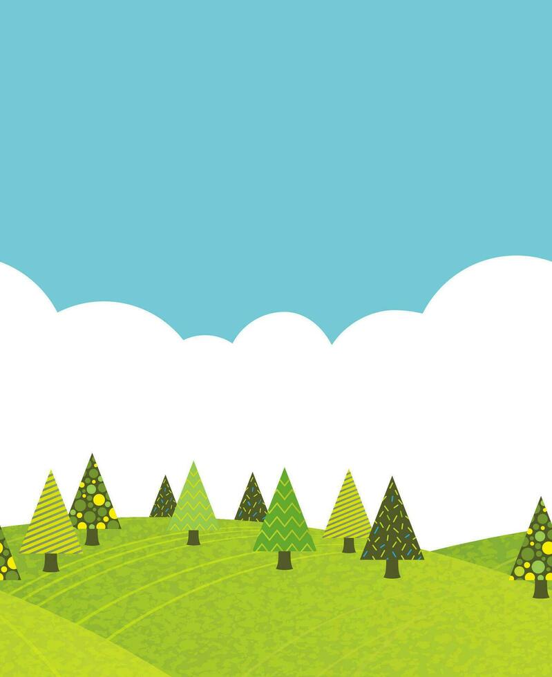 Vector Seamless Hilly Spring Forest Background Illustration With Text Space. Horizontally Repeatable.