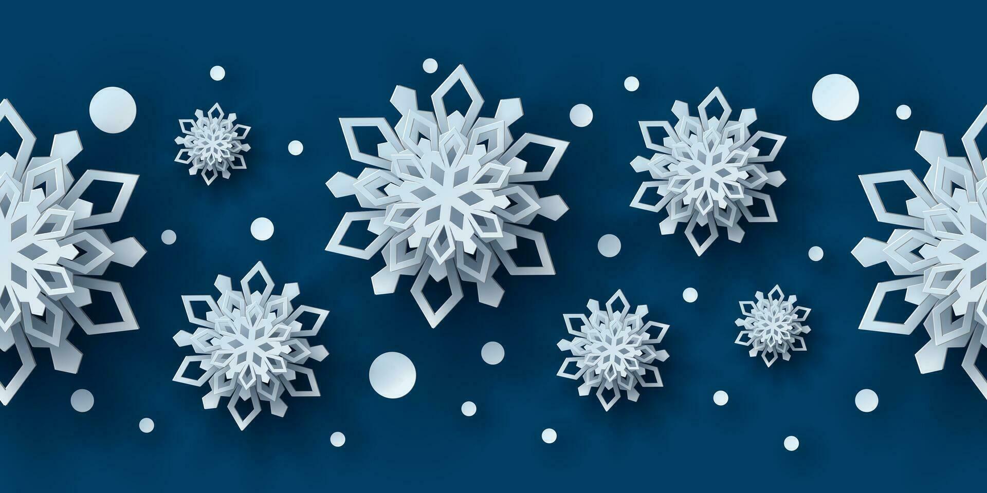 invierno sin costura modelo con papel cortar copos de nieve. Navidad diseño 3d ilustración en azul de colores antecedentes para presentación, bandera, cubrir, web, volantes, tarjeta, venta, póster y social medios de comunicación. vector