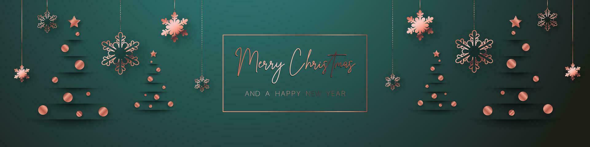 Green gold minimal Christmas banner design. Simple background, elegant geometric minimalistic style. Contemporary papercut luxury greeting backdrop  with merry xmas letters for web and advertising. vector