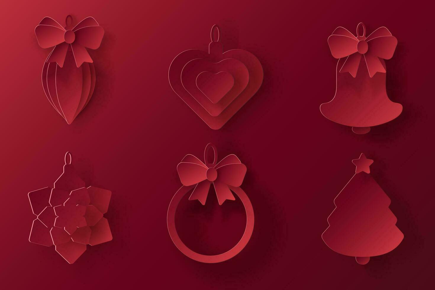 Vector set of red christmas paper cut 3d pendants on bordeaux colored background. Xmas design elements for presentation, banner, cover, web, flyer, card, sale, poster, slide and social media.