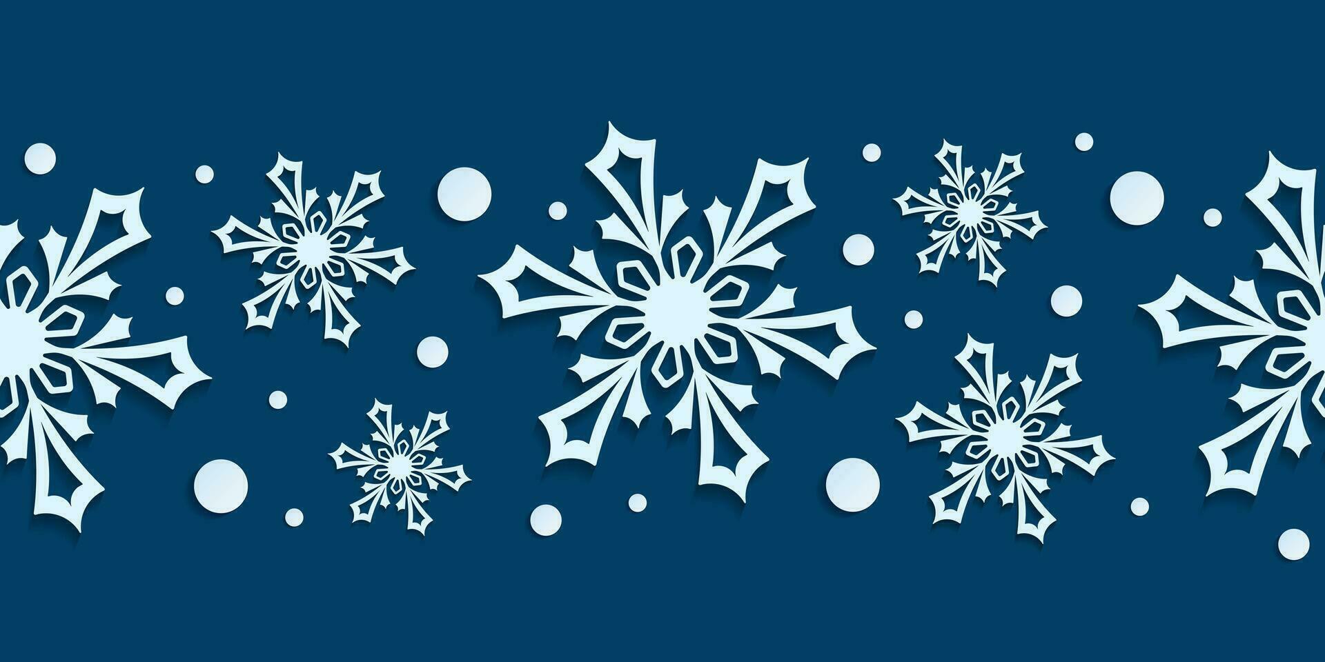 invierno sin costura modelo con papel cortar copos de nieve. Navidad diseño 3d ilustración en azul de colores antecedentes para presentación, bandera, cubrir, web, volantes, tarjeta, venta, póster y social medios de comunicación. vector