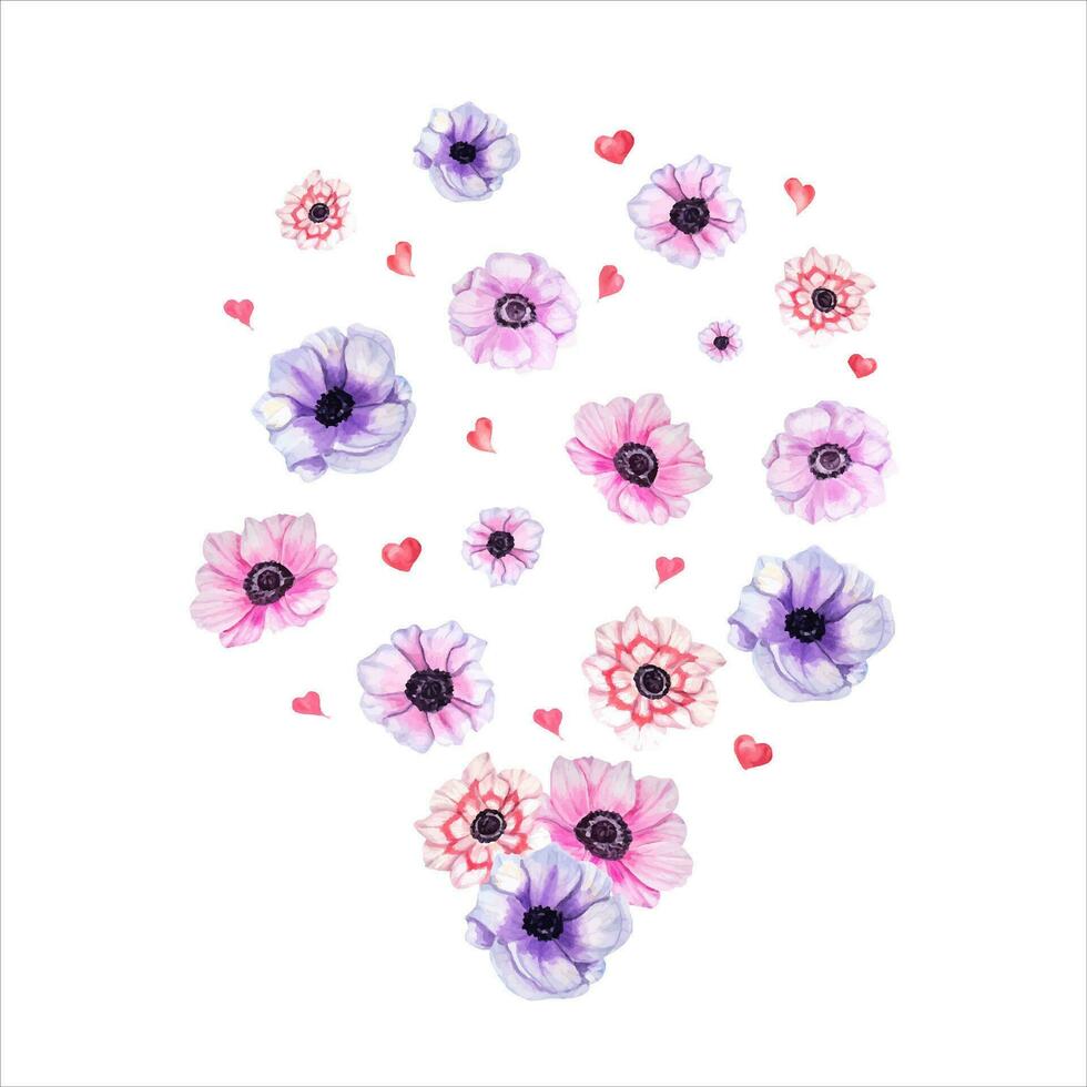Watercolor set with anemone flowers. Floral elements for create Valentines day greetings. vector