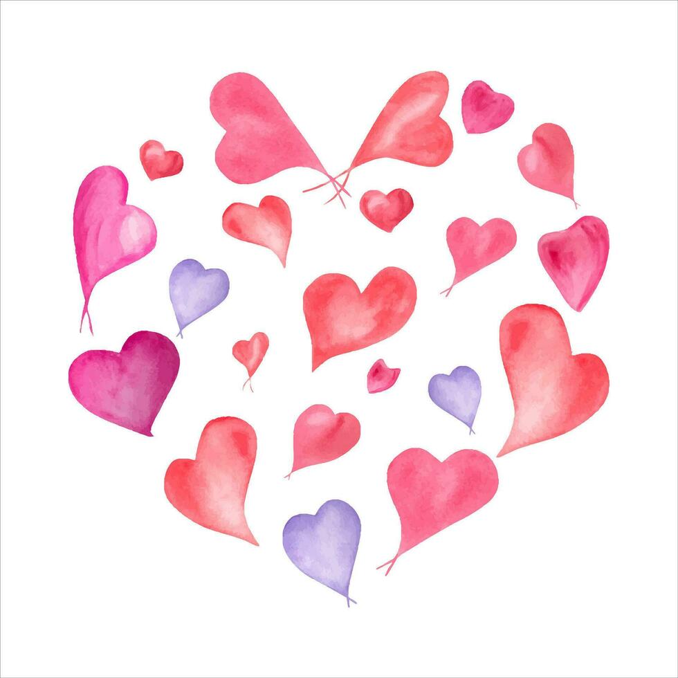 Heart made up of little pink , blue watercolor hearts. Romantic illustration. vector