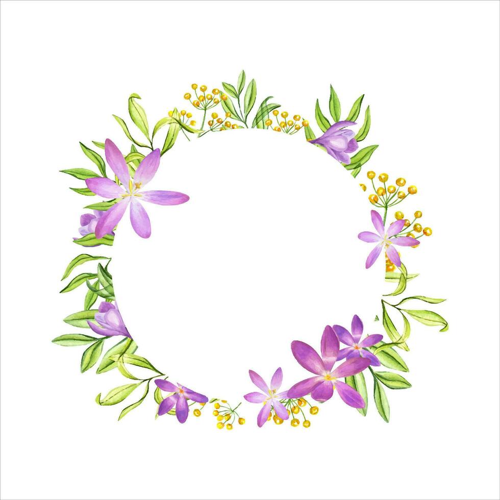Wreath with crocuses, green plants and yellow flowers. Branches, herbs and saffron. Spring composition. Watercolor illustration. Space for text. For invitation, greeting, label, postcards vector