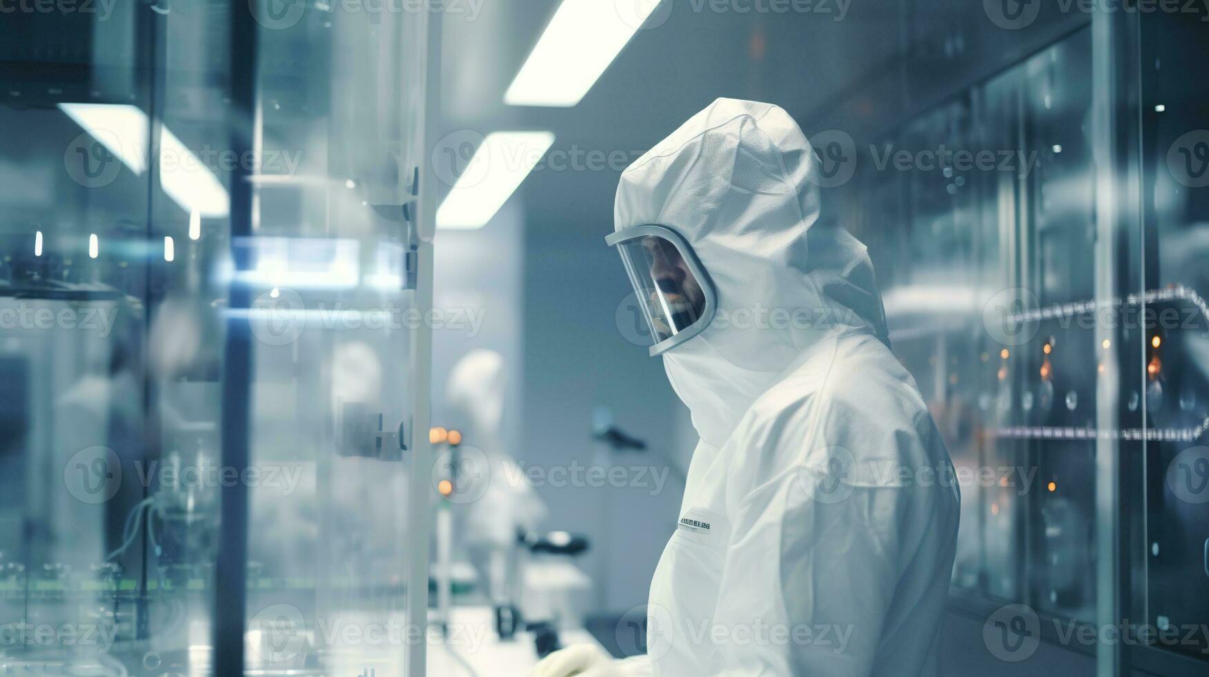 AI generated Worker in Protective Suit Working at Biotechnology Production Facility. FMCG, Clean Production Room photo