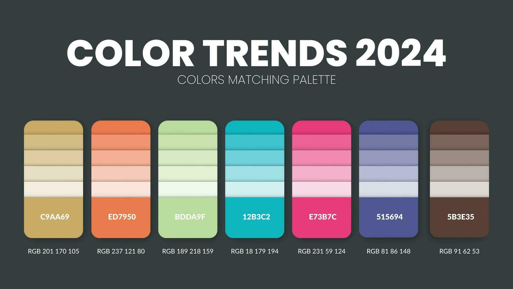 2024 color trends. Color palette in vibrant, bold, earthy tones. Colour theme collections. Color inspiration or colour chart with codes number. Color combination set of RGB. Colors for graphic design. vector