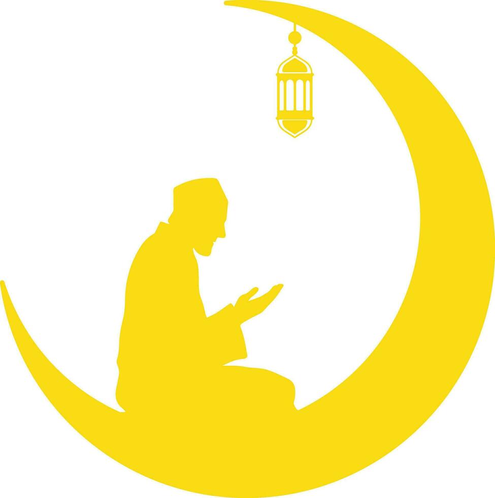 Man Pray Inside Moon with Lantern Silhouette Illustration vector